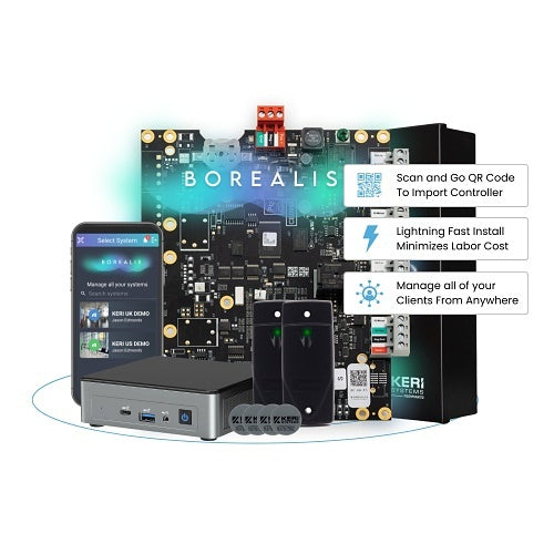 Electronic board with 'Borealis' branding and smartphone displaying app interface on a white background.