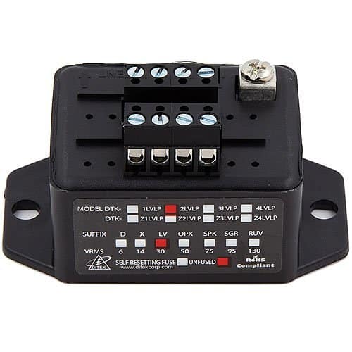 Black electrical component with terminal block and label on a white background