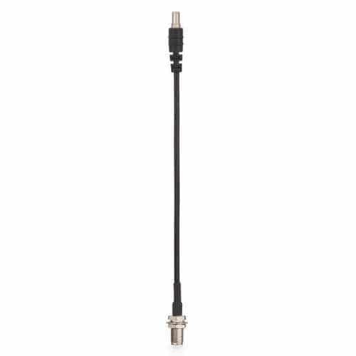 Black antenna cable with connectors on a white background