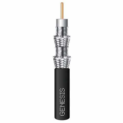 Genesis 50071008 RG6 CCS Quad-Shield Coaxial CATV Cable, 18 AWG Solid BC, CL2, CM, Sunlight Resistant, 1000' (304.8m), Reel, Black