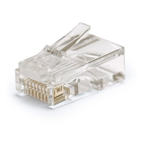 Clear Ethernet cable connector on a white background