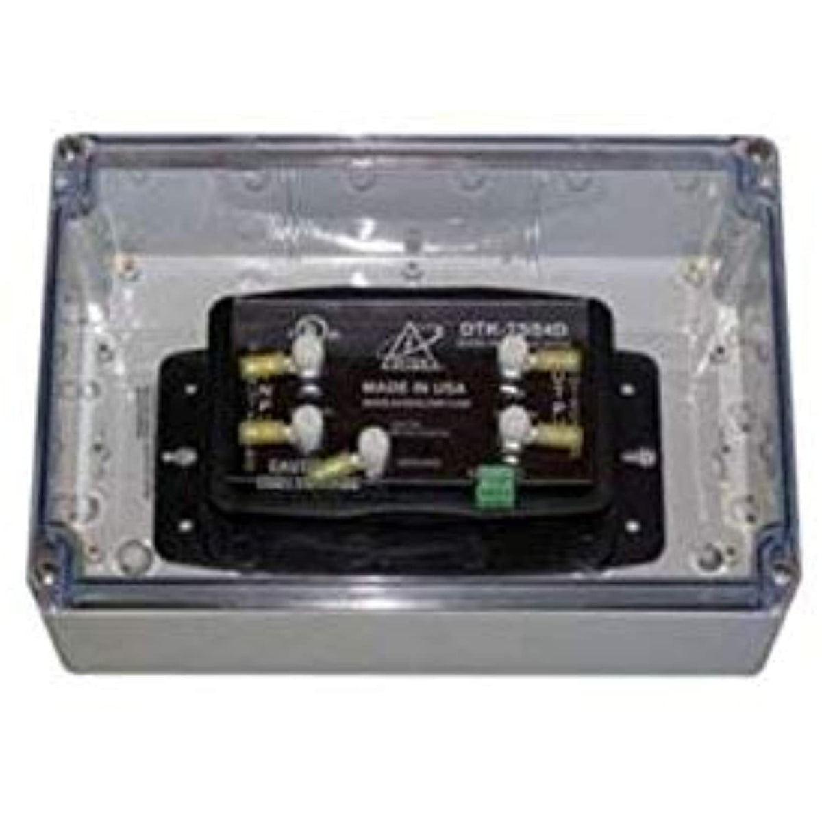 Electrical control panel with visible branding on a white background