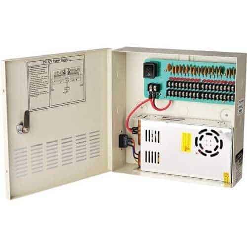 Electrical control panel with various components on a white background