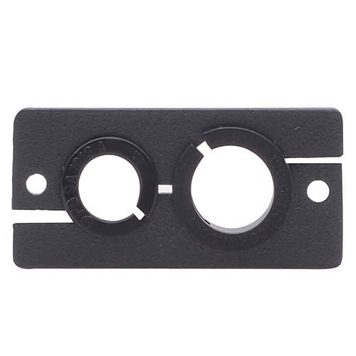 Black metal bracket with two circular holes on a white background