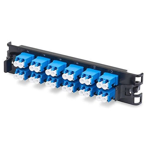 Fiber optic patch panel with blue connectors on a white background