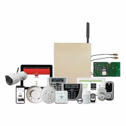 Collection of home security devices on a white background