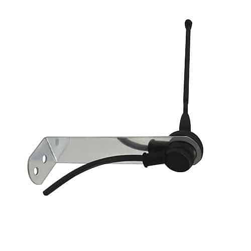 Metal bracket with a black antenna on a white background