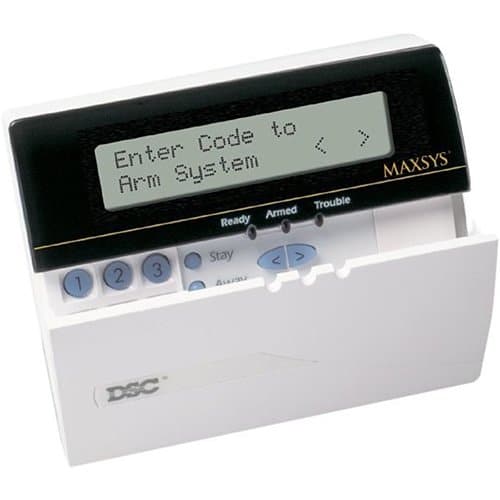 DSC MAXSYS security system keypad with digital display on a white background