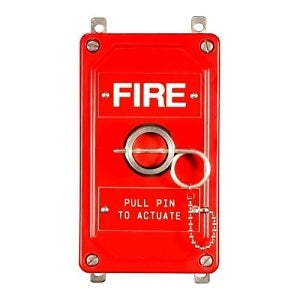 Red fire alarm pull station with white text on a white background