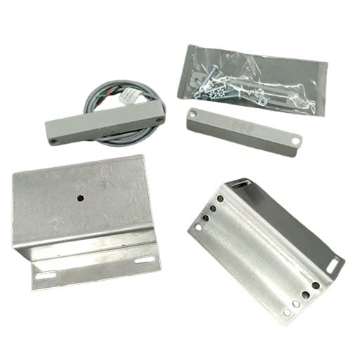Set of metal components including a rectangular box, a strip, and a cable on a white background.