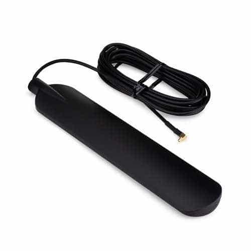 Black antenna with a coiled cable on a white background
