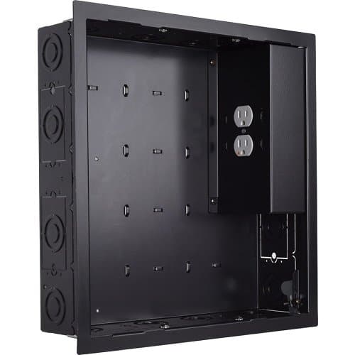 Black wall-mounted electrical box with multiple outlets on a white background