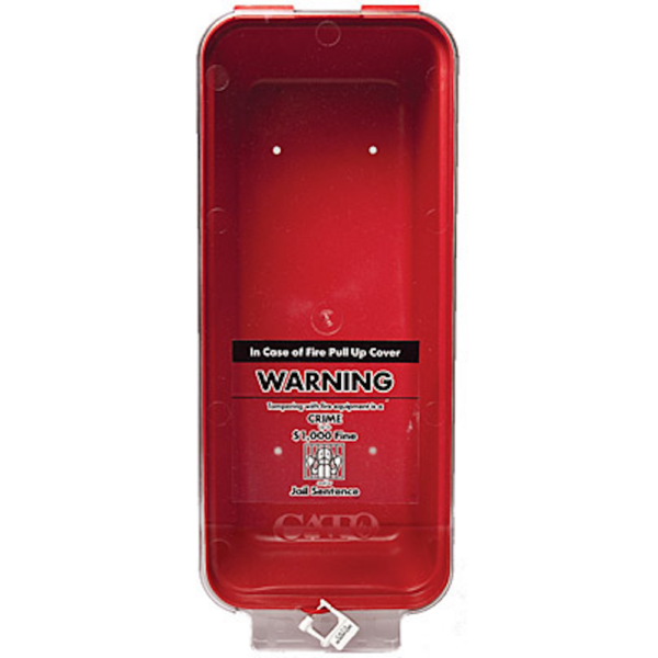 Red fire extinguisher cover with warning label on a white background
