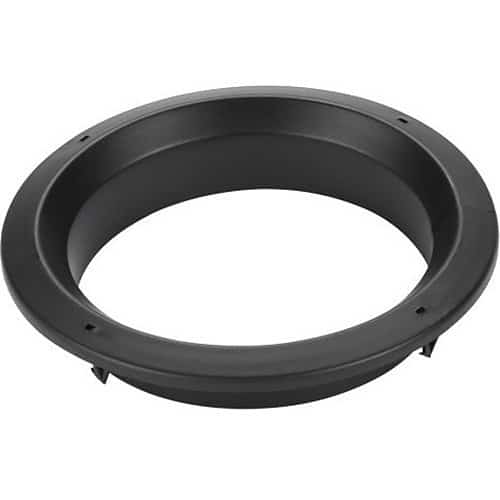 Black circular metal component on a white background
