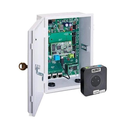 Electronic control panel with open cover displaying circuitry and a small black device labeled 'DKS' on a white background.