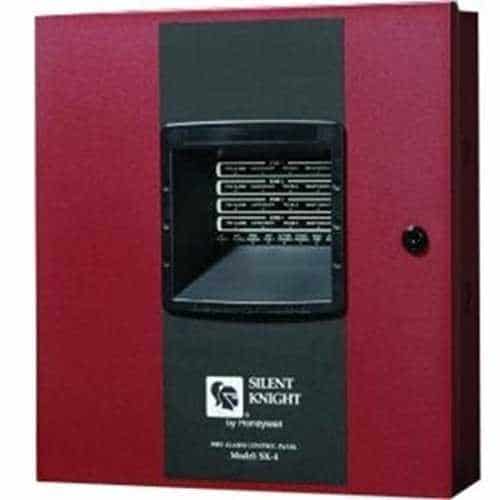 Red fire alarm control panel with Silent Knight logo on a white background