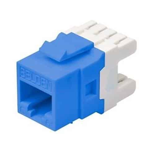 Blue and white RJ45 Ethernet connector on a white background