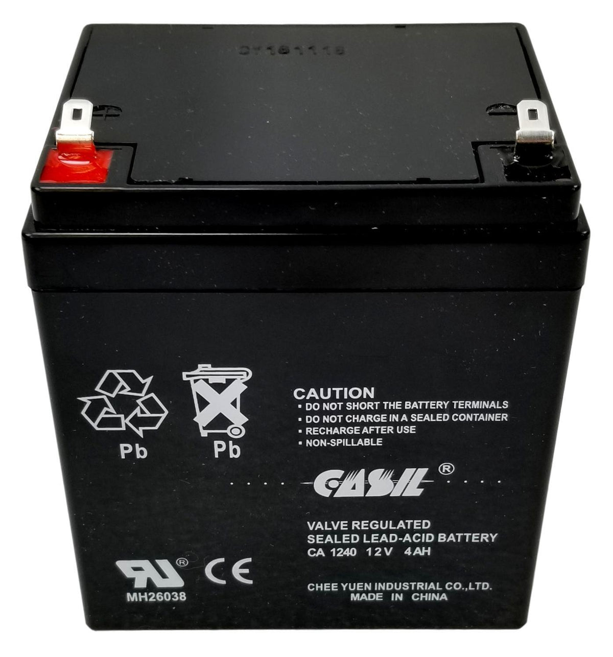 Black battery with visible branding and safety warnings on a white background