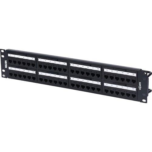 Patch panel with multiple Ethernet ports on a white background