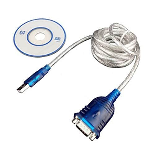 Blue serial cable with a CD on a white background