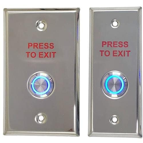 Two metallic 'Press to Exit' buttons with blue lights on a white background