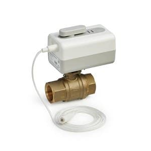Brass valve with electronic actuator on a white background