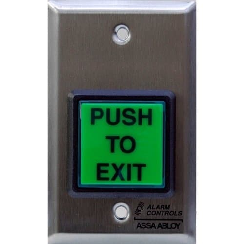 Alarm Controls TS-2ENTER Request-to-Exit Station, 2" Green Square Push Button, "PUSH to ENTER", Single Gang, 430 Stainless Steel
