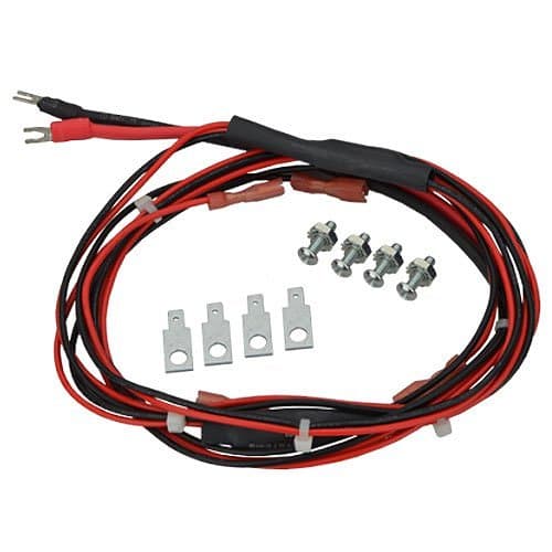 Wiring harness with red and black wires and metal connectors on a white background