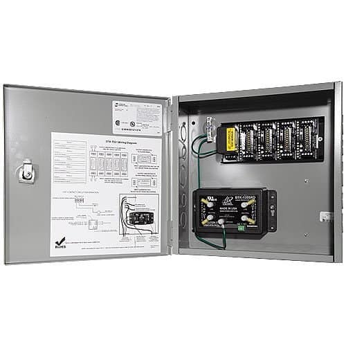 Electrical panel with open cover showing internal components and labels.