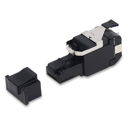 Black and silver fiber optic cable connector on a white background