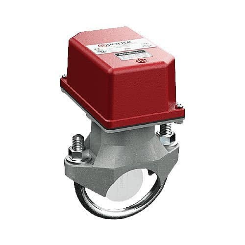 Red valve actuator with metal bracket on a white background