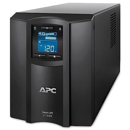 APC uninterruptible power supply (UPS) with digital display on a white background