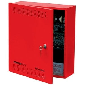 Red fire extinguisher cabinet with visible brand name on a white background