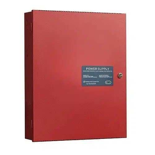 Red power supply unit with a label on a white background