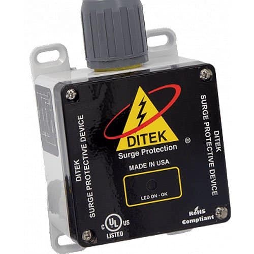 DITEK surge protective device with visible branding and certification logos on a white background