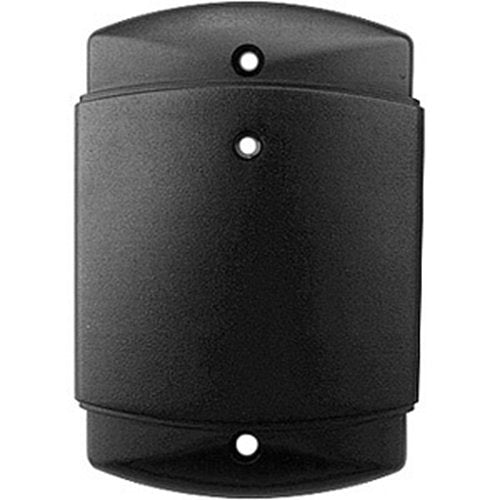 Black cylindrical object with two circular holes on a white background