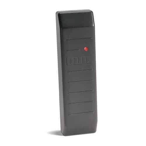 Black key reader with red light on a white background