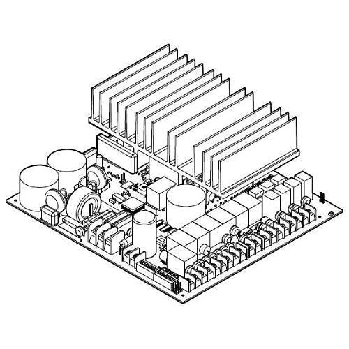 Technical drawing of an electronic circuit board with components on a white background