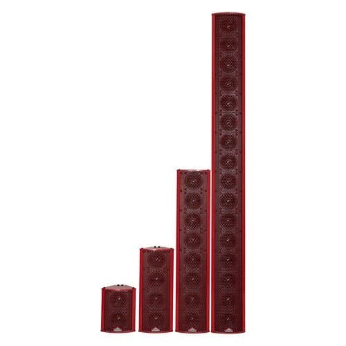 Set of red speakers of different sizes on a white background