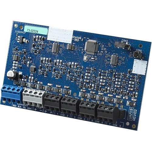 Blue electronic circuit board with various components on a white background