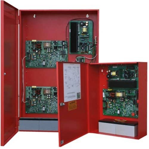 Red electrical panel with open doors revealing circuit boards inside.