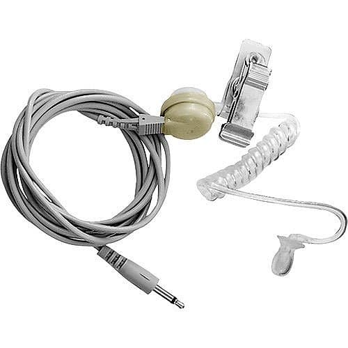 Coiled cable with a clip and earpiece on a white background