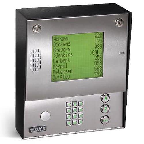 Metallic electronic device with a display and keypad on a white background
