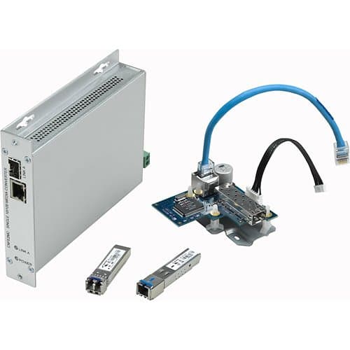 Network hardware components including a metal box, cables, and connectors on a white background