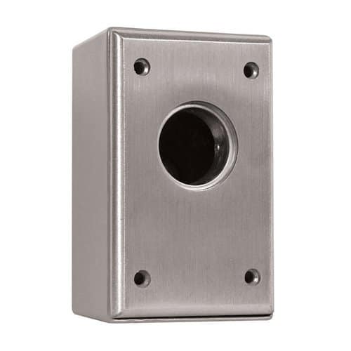 Metallic square wall mount with circular opening on a white background