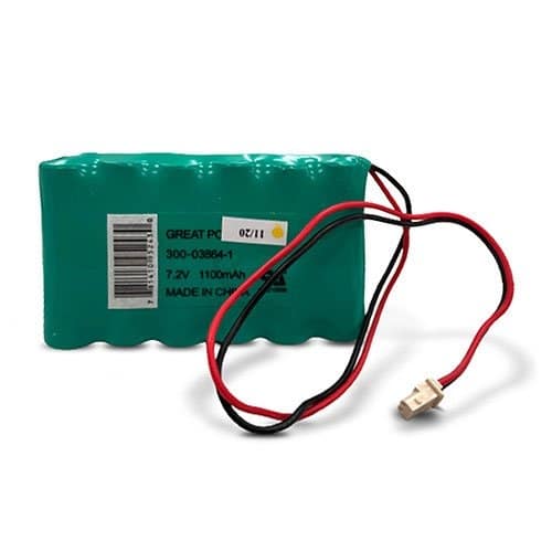 Green battery pack with red and black wires on a white background