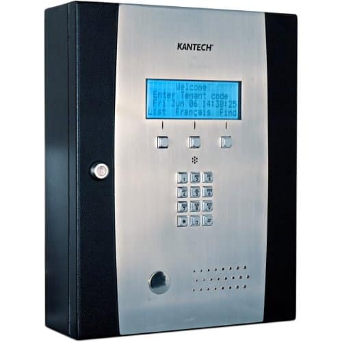 Kantech intercom system with digital display and keypad on a white background