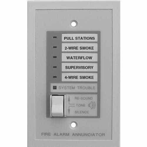 Fire alarm annunciator panel with labeled buttons on a white background