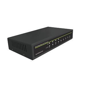 Black 8-port Ethernet switch on a white background