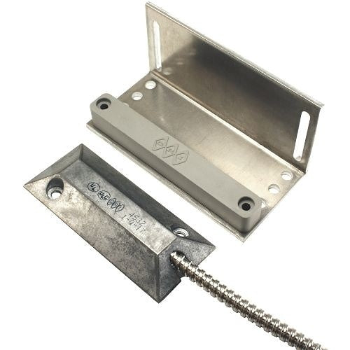 GRI 4532L36 Floor Mount Miniature Overhead Door Switch Set, L-Bracket, 2-1/2" Gap, 10W, 200VDC, 0.50A, Closed Loop, N/O, and 36" Armored Lead with Bracket Mini Door Contact, Aluminum